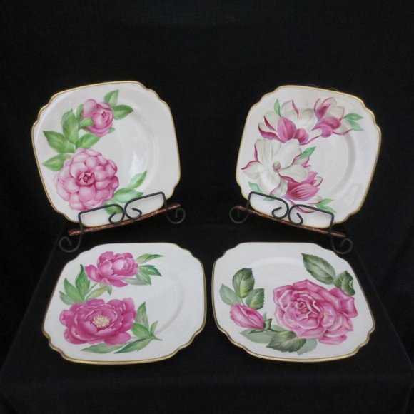 New Syracuse China 8" Floral Plates White Pinks Greens 1960s Vintage Set of 4 - Picture 2 of 16